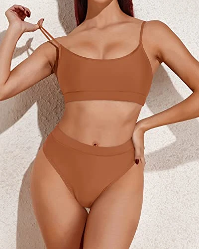 Stretchy Waistband Tummy Control Two Piece High Waisted Bikini-Brown - Image 4