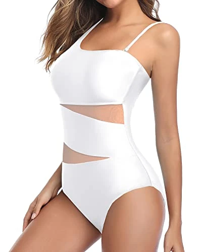 Women One Shoulder One Piece Mesh Tummy Control Swimsuits-White - Image 2
