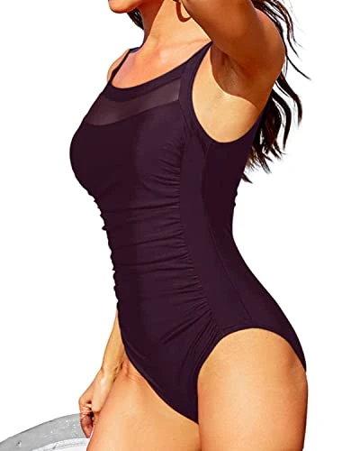 Charming Mesh Design Round Neck One Piece Swimsuits-Maroon - Image 2