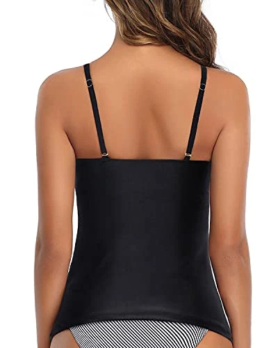 High Neck Tankini Top Adjustable Tunnel And Straps Swim Top-Black - Image 2