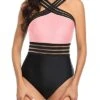 Removable Padded Push Up Bras Sexy One Piece Swimsuits-Pink And Black