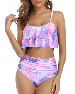 Slimming High Waisted Bikini Set Double Tiered Ruffle Top-Color Tie Dye