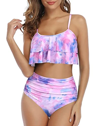 Slimming High Waisted Bikini Set Double Tiered Ruffle Top-Color Tie Dye