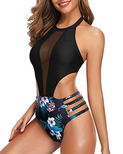 Women One Piece Mesh Swimsuit High Neck Halter Cutout Monokini Swimwear - Image 4