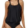 Modest Tummy Control Blouson Two Piece Tankini Swimsuits-Black