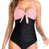 Stylish Bowknot Ruched Slimming One Piece Swim Suit-Pink And Black