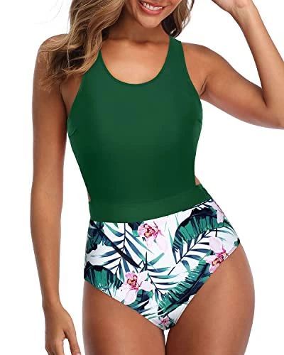 Attractive Silhouette Revealing Women One Piece Swimsuits-Green Tropical Floral - Image 3