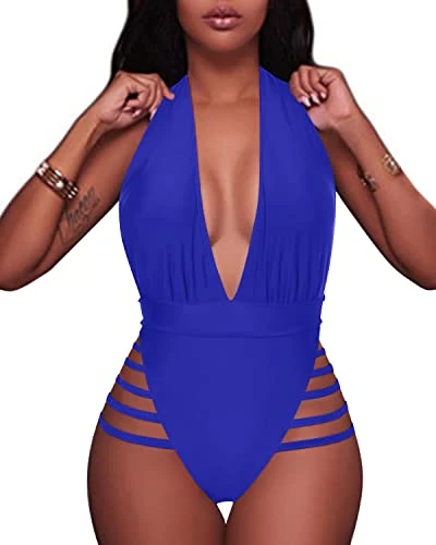 Chic And Fashionable Plunge Deep V Neck One Piece Swimsuits-Royal Blue - Image 2