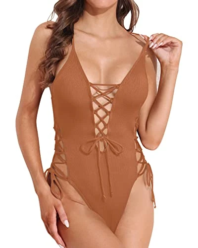High Cut Bottom Sexy One Piece Swimsuit For Women-Brown - Image 2
