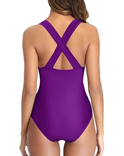 Sultry And Sexy Criss-Cross Back One Piece Swimsuits-Purple - Image 4