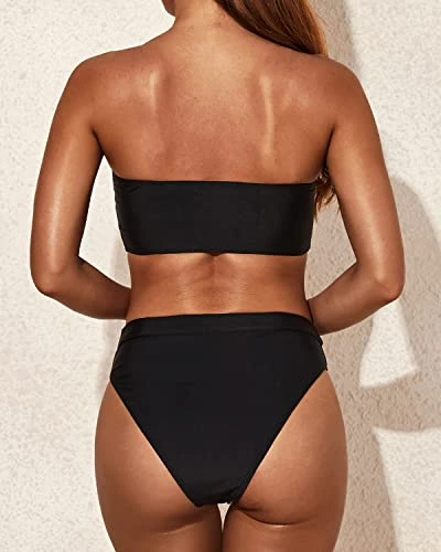 Sexy High Cut Bikini Bottom Removable Padding Strapless Bikini Top-Black - Image 2