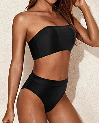 Sexy High Cut Bikini Bottom Removable Padding Strapless Bikini Top-Black - Image 3