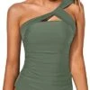 Eye-Catching One Shoulder Swimsuit Top Asymmetric Cut Tankini Top-Olive Green