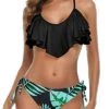 Flounce Cross Back Bathing Suit Bikini For Women Set-Black And Green Leaf