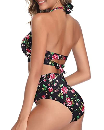 High Waist High-Cut Legs Halter Ruched High Waist Bikini-Black Floral - Image 4