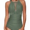 Sexy One Piece High Neck Mesh Ruched Monokini Swimsuit For Women-Olive Green