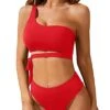 Two-Piece Ruched High Waisted One Shoulder Bikini Set-Red