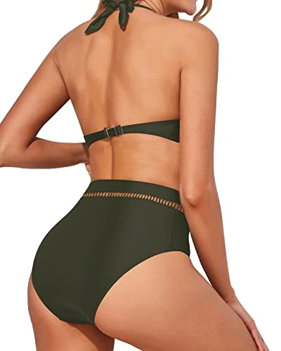 2 Piece Trendy Deep V Neck High Waisted Bikini Sets For Women-Army Green - Image 3