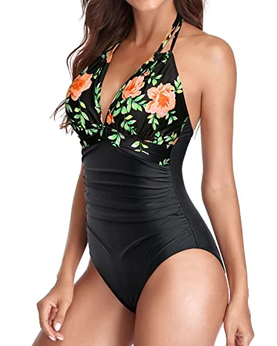 Sexy Halter Ruched Swimwear Black Halter Bathing Suits-Black Pink Flowers - Image 2