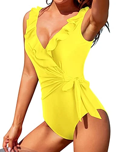 Adjustable Side-Tie Bow Swimsuits Sexy 1 Piece Swimsuits For Women-Neon Yellow - Image 4