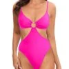 Women One Piece High Neck Halter Cutout Monokini Swimwear-Neon Pink