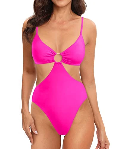 Women One Piece High Neck Halter Cutout Monokini Swimwear-Neon Pink