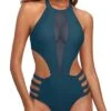 Removable Padded Push Up Bra Sexy One Piece Bathing Suit For Women-Teal