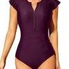 High Neck Zipper One Piece Short Sleeve Rash Guard For Women-Maroon