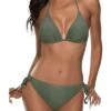 Halter Padded Top Tie Side Triangle Bikini Sets For Women-Olive Green