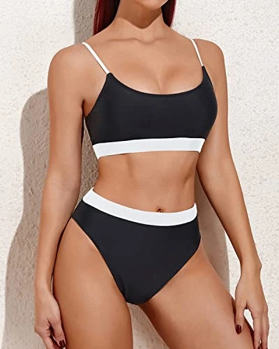 Female Curves Enhancing High Waisted Bikini Sporty Scoop Neck Swimsuits-Black And White - Image 3