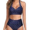 Retro Halter Ruched High Waist Bikini Bottom-Blue Dot