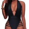 Lace Up Ruffled Off Shoulder Flounce Plunge Deep V Neck One Piece Swimsuits-Black