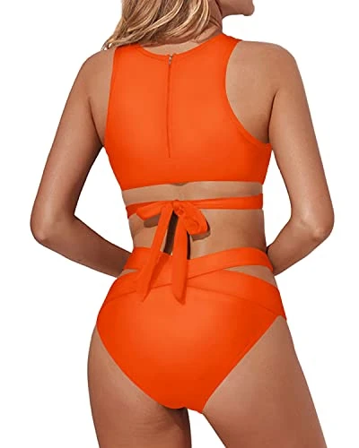 Halter-Style Cutout Swimsuit Two Piece High Neck Bikini Set-Neon Orange - Image 2