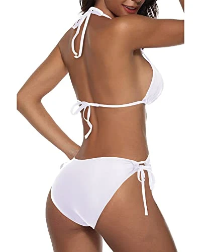 Feminine Two Piece Halter Padded Top Tie Side Bottom Triangle Bikini Bathing Suit-White - Image 2