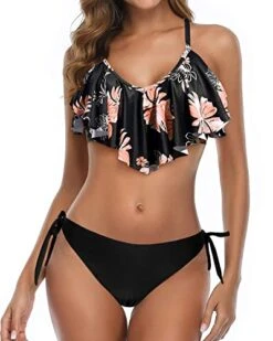 Two Piece Flounce Padded Ruffled Top Women Cross Back Bathing Suit-Black Orange Floral