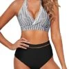 Sexy Mesh V Neck High Waisted Bikini Sets For Women-Black And White Stripe