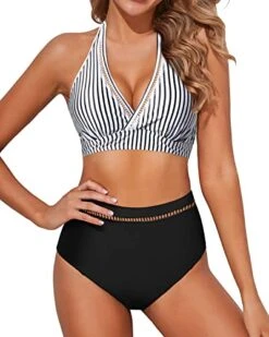 Sexy Mesh V Neck High Waisted Bikini Sets For Women-Black And White Stripe
