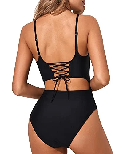 Cutout One Piece Swimsuit Lace Up High Cut Cutout Bathing Suits-Black - Image 2