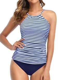Elegant Ruched Tummy Control 2 Piece Tankini Swimsuits For Women-Blue White Stripe