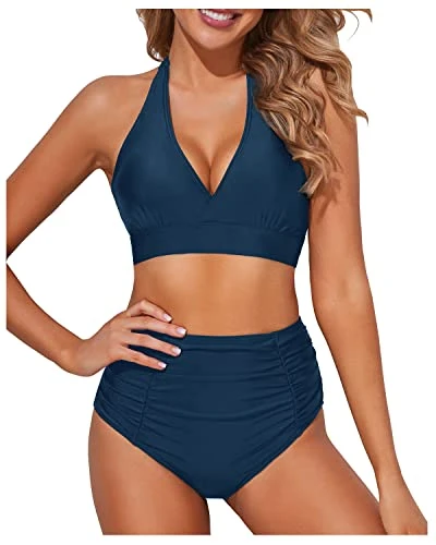 Stylish Double Buckles Two Piece High Waisted Bikini Set-Teal