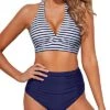 Charming Tummy Control Two Piece High Waisted Bikini Set-Blue White Stripe