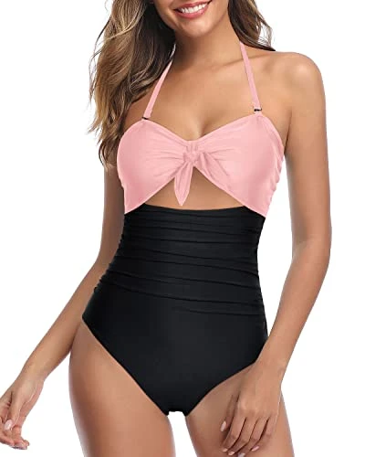 Stylish High Waisted Halter Sexy Cutout One Piece Swimsuits-Pink And Black - Image 4