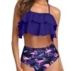 Chic Ruffle High Waisted Teen Girls' 2 Piece Bathing Suit-Blue Flamingo