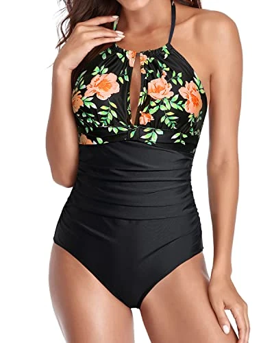 Sexy Halter Ruched Swimwear Black Halter Bathing Suits-Black Pink Flowers - Image 4