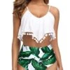 Pom Pom Trim Flounce Two Piece Bikini Ruffle Swimsuit For Women-White Leaf