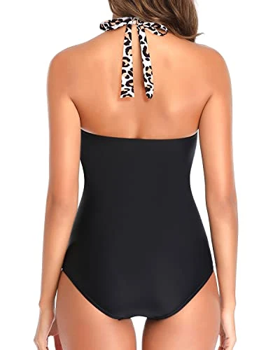Adjustable Self-Tie Halter Neck Tummy Control Swimsuits For Women-Black And Leopard - Image 4
