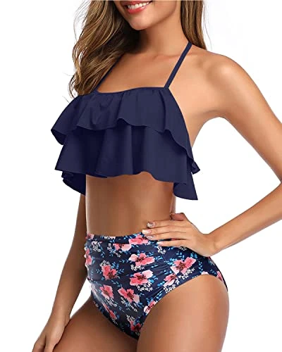 Modest Vintage Halter Two Piece Swimsuits Removable Padded Bra-Navy Blue Floral - Image 3