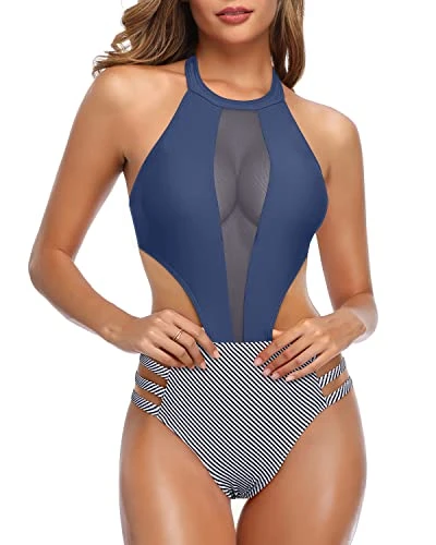 Hook Closure Center Back Sexy One Piece Bathing Suit For Women-Blue White Stripe - Image 2
