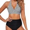 Slimming Ruched Two Piece High Waisted Bikini Set-Black And White Stripe