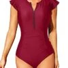 Short Sleeve High Neck One Piece Women's Rash Guard-Red
